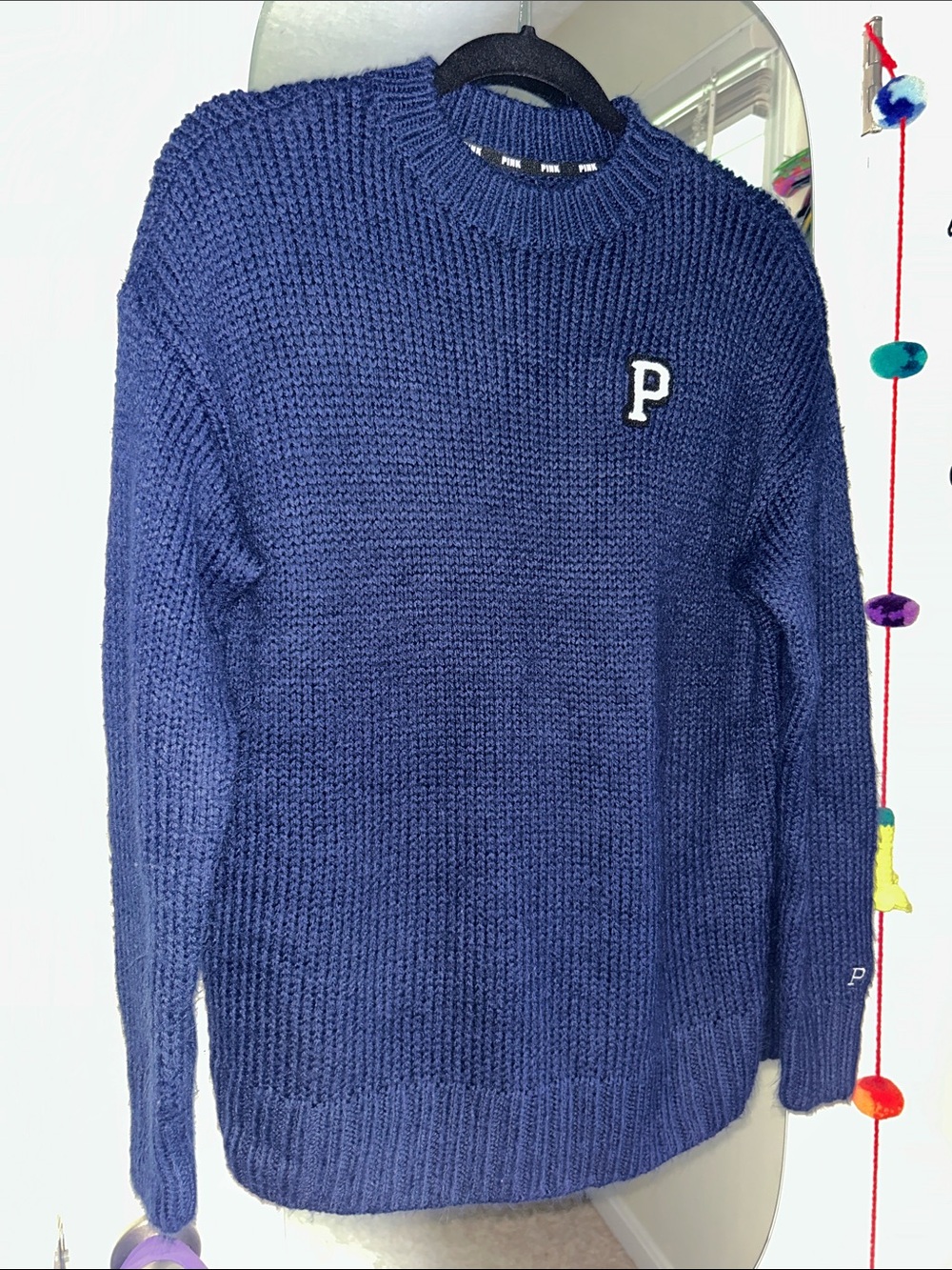 PINK Victoria's Secret Navy Chunky Knit Crewneck Sweater with P Patch